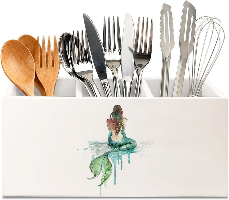 KBRCT Coastal Beach Mermaid Wooden Utensils Holder, Coastal Kitchen Decor, Watercolor Green Mermaid Wood Cooking Utensil Holder Organizer for Kitchen Countertop Counter Decor - Image 1